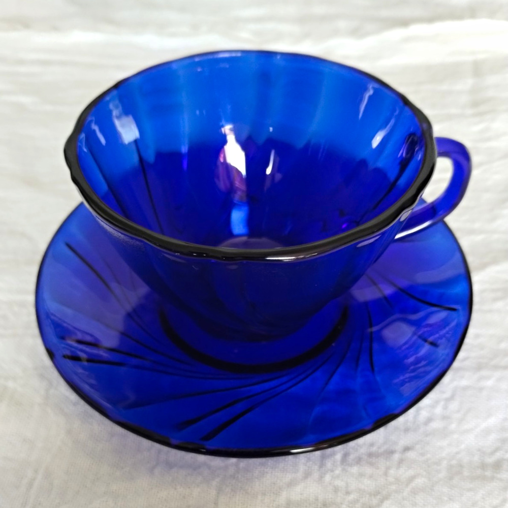 Vereco France Cobalt Blue Glass Cup & Saucer Set Swirl Tea Coffee Mid Century